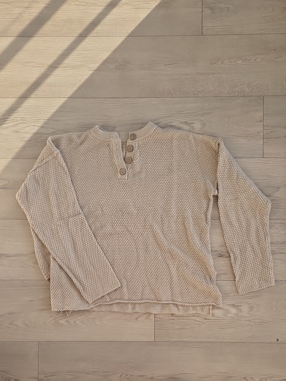 Vintage Waffle Knit Henley Top in Light Beige